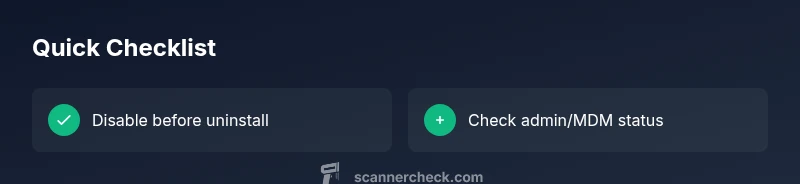 Checklist infographic showing steps to disable or uninstall a QR/barcode scanner
