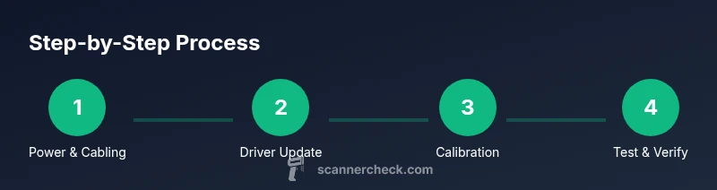 Infographic steps showing cleaning, calibration, and verification for Epson L3210 scanner