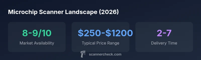 Infographic showing market availability, price range, and delivery time for microchip scanners (2026).