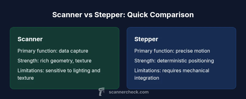 Comparison infographic showing Scanner vs Stepper with strengths and limitations